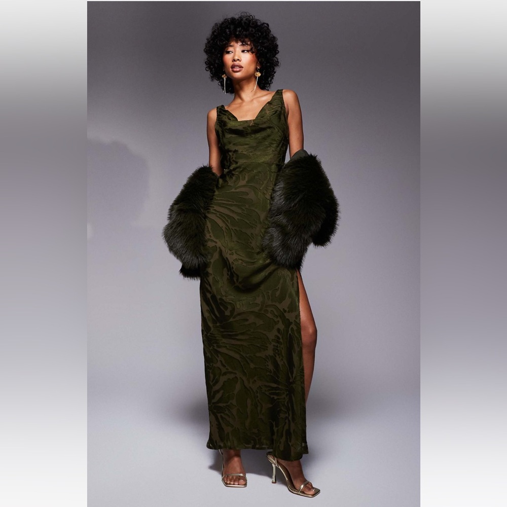ASOS DESIGN contrast detailed cowl maxi dress in dark khaki